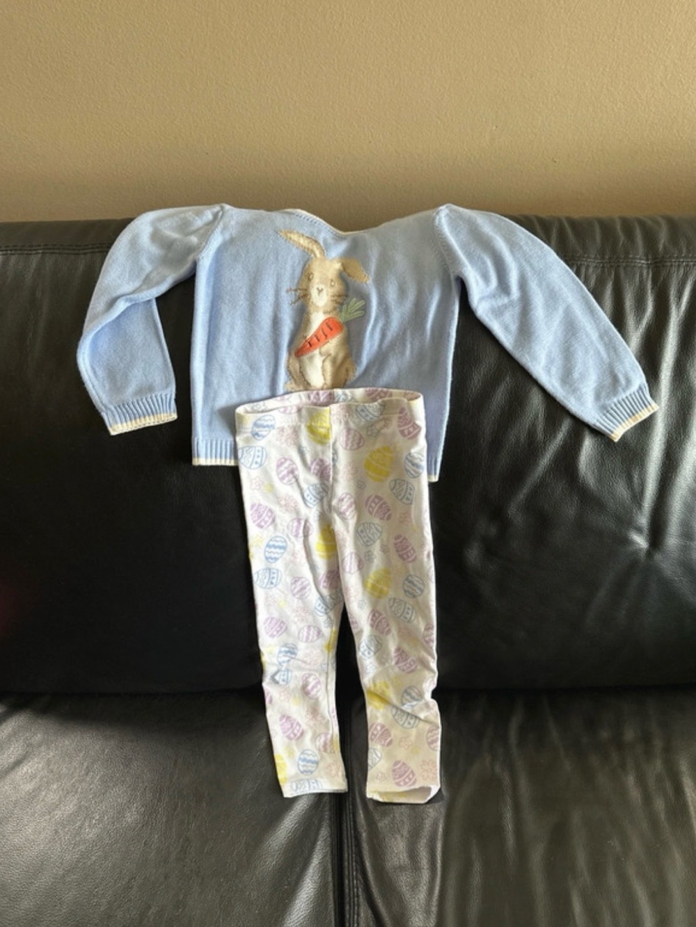 Light Blue Bunny Sweater and Egg Print Leggings Set